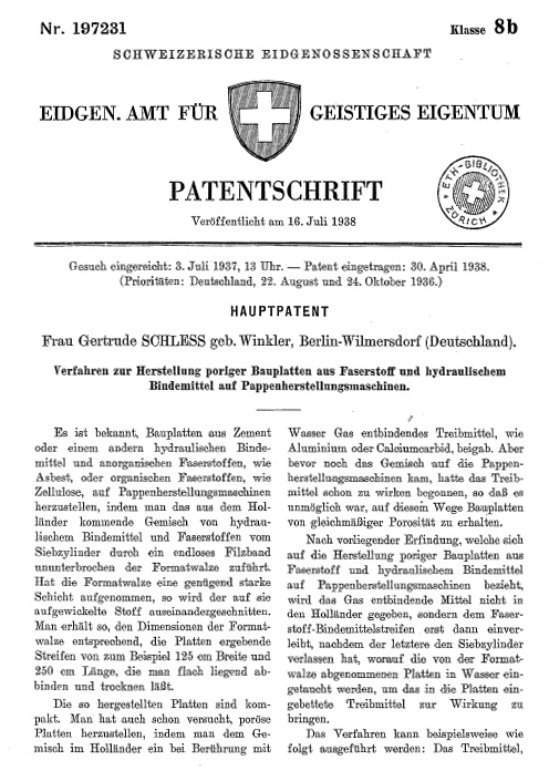 Der Abdruck zeigt die erste Seite der Patentschrift 197 231, das Hauptpatent der Patentschrift. Dieses Patent wurde Gertrude Schless geb. Winkler erteilt und am 16. Juli 1938 veröffentlicht.