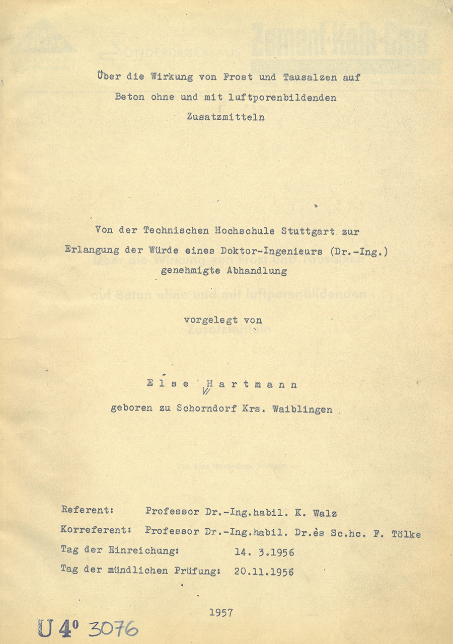 Der Abdruck zeigt das Deckblatt der Disseration von Frau Else Hartmann. Diese Dissertation bestand Sie im Jahre 1956, wie in altdeutscher Schrift am unteren Rand zu lesen ist.