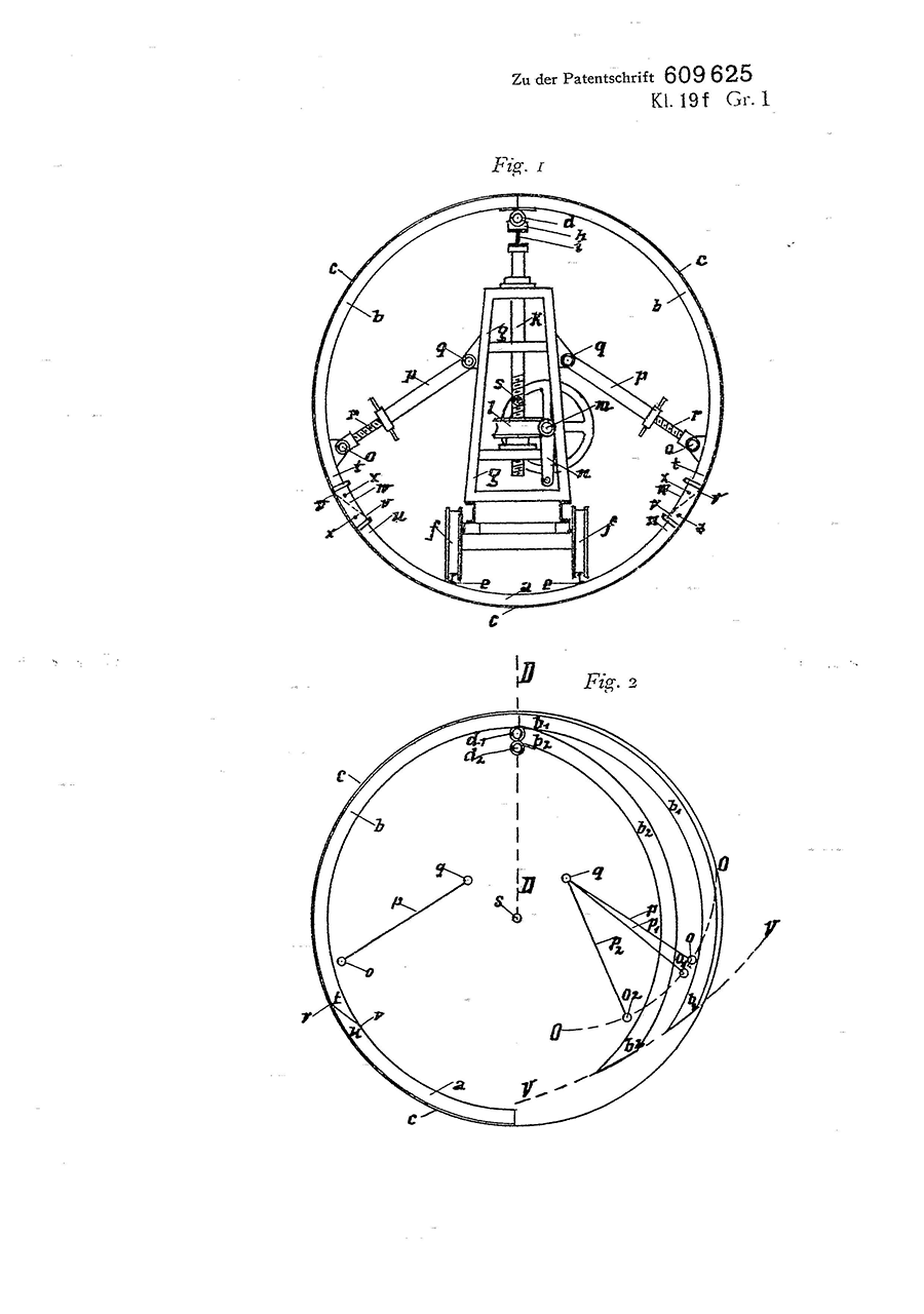Der Abdruck zeigt eine Zeichnung, bestehend aus zwei Abbildungen, der Patentschrift DE609625 zum Schalungsgerüst für Tunnel. Die Abbildungen zeigen runde Schalungsgerüste. Dieses Patent wurde Thea Luchterhand geb. Rott am 20. Februar 1935 erteilt.