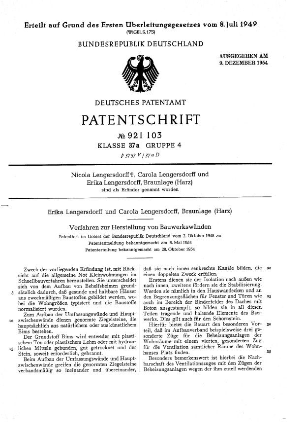 Zu erkennen ist eine Patentschrift (No 921 103), die am achten Juli 1949 vom deutschen Patentamt erteilt wurde. Neben Carola Lengersdorff sind ebenfalls Nicola und Erika Lengersdorff beteiligt.