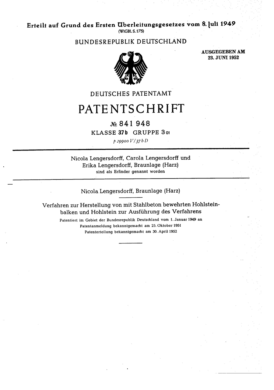 Zu erkennen ist eine Patentschrift (No 841948), die am 23. Juni 1952 vom deutschen Patentamt erteilt wurde. Neben Erika Lengersdorff sind ebenfalls Nicola und Carola Lengersdorff beteiligt.